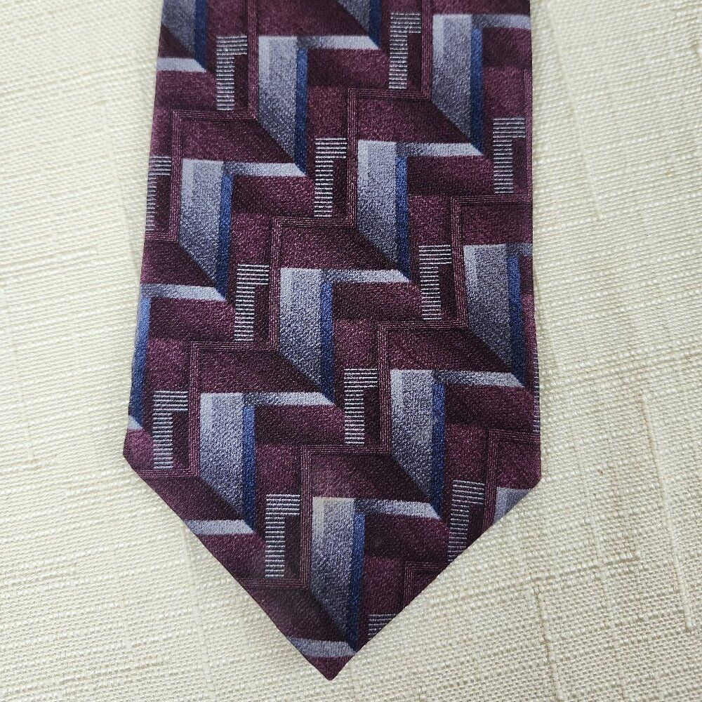 Vintage Stafford Pure Silk Geometric Necktie in Maroon, Gray, Silver & Blue